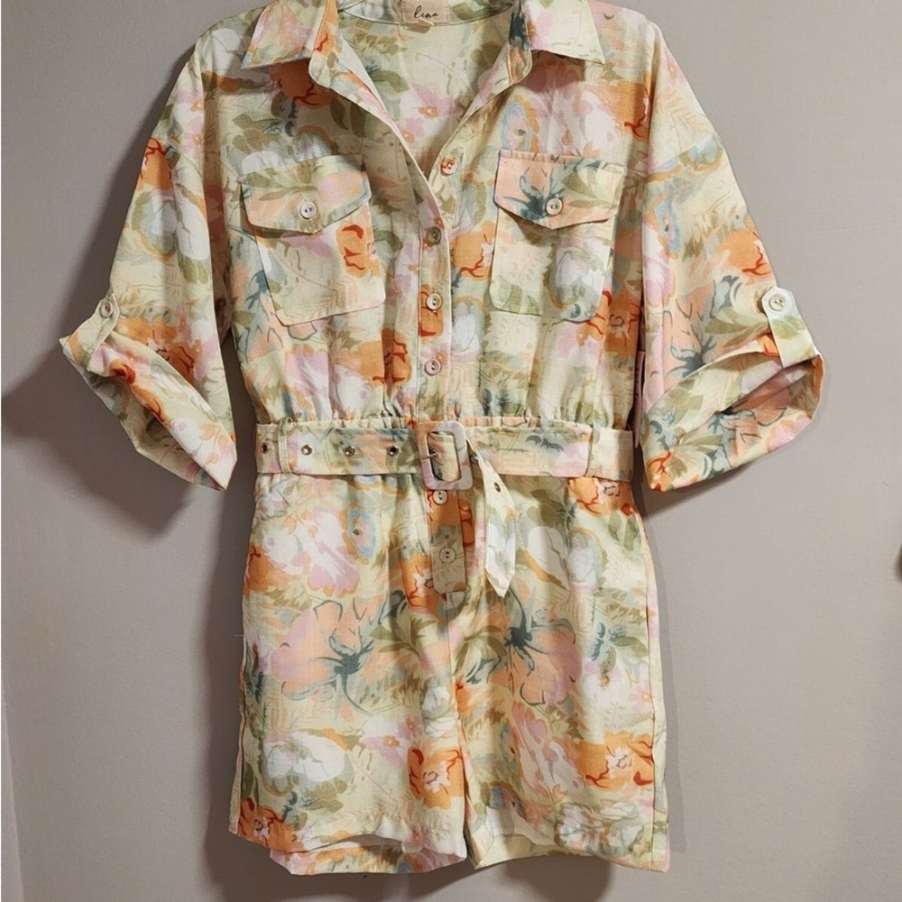 Lena Pastel Floral Tie-Waist Romper in Peach, Mint & Coral